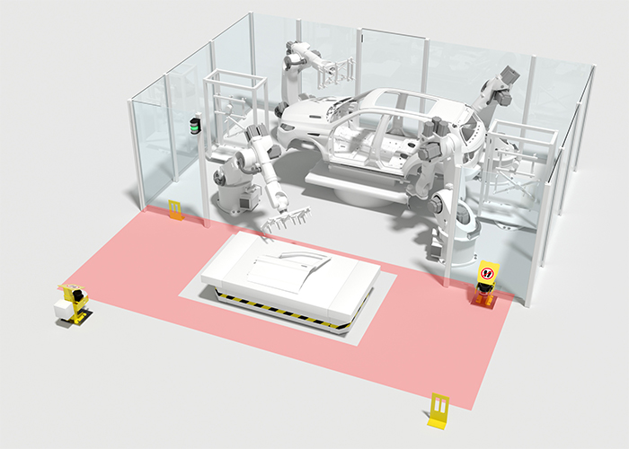Sicherheitsloesung einer Uebergabestation von FTS auf stationaeren Roboter mit dynamischer Schutzfeldanpassung bei Durchfahrt mit Sicherheitslaserscanner RSL