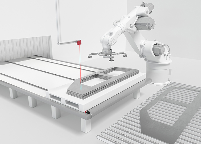 Abstandssensor ODS zur Stapelhoehenerfassung an Robotergestuetztem Greifer in Metallverarbeitung