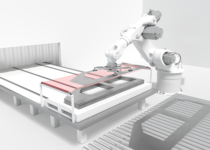Schaltendes Lichtgitter CSL700 zur Platten-Vereinzelung an Roboterarm fuer fehlerfreie Abnahme